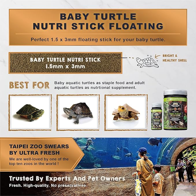 Ultra Fresh Floating Baby Turtle Food, All Natural Ingredients, Wild Sword Prawn, Calcium Vitamin D Enriched for Picky Aquatic Baby Turtles, Baby Turtle Nutri Stick 15 oz UltraFresh-ShrimpDelight