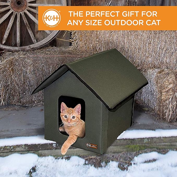 K&H Pet Products Outdoor Heated Kitty House, Outdoor Cat House for Outside Community Cats, Strays, and Ferals, Insulated Shelter, Warming Cold Weather House with Heated Pad for Winter, Cabin Design - PAWPICO