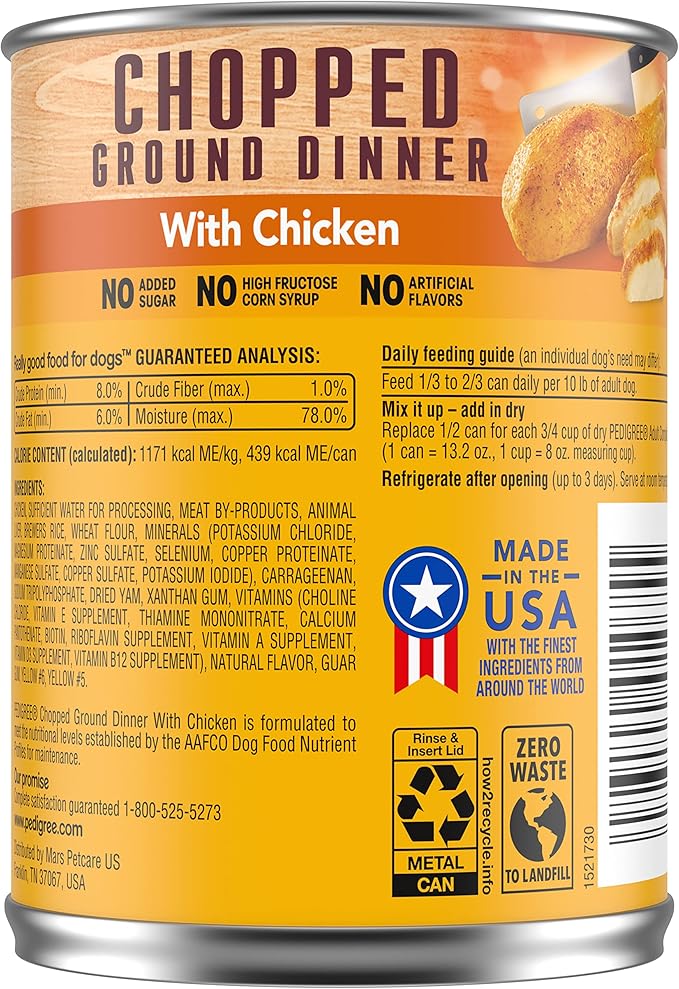 PEDIGREE CHOPPED GROUND DINNER Adult Canned Soft Wet Dog Food with Chicken, 13.2 oz. Cans (Pack of 12) - PAWPICO