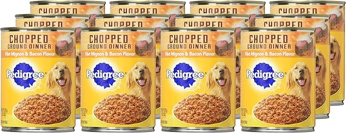 PEDIGREE CHOPPED GROUND DINNER Adult Canned Soft Wet Dog Food, Filet Mignon & Bacon Flavor, 13.2 oz. Cans (Pack of 12) - PAWPICO