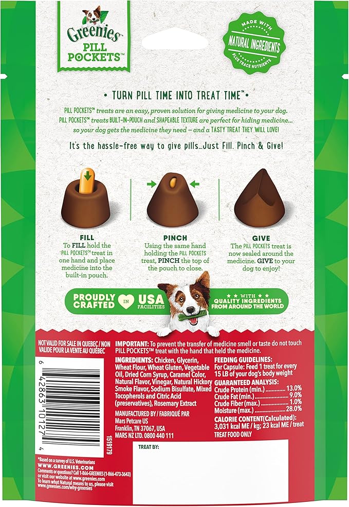 Greenies Pill Pockets for Dogs Capsule Size Natural Soft Dog Treats, Hickory Smoke Flavor, (6) 7.9 oz. Packs (180 Treats) - PAWPICO