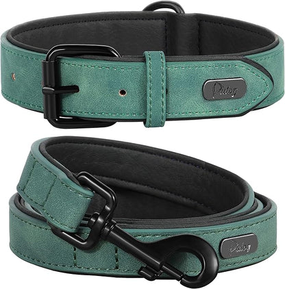 Didog Soft Padded Leather Dog Collar and Leash Set, Heavy Duty Dog Leash and Collar Set with Metal Buckle, Breathable Dog Collars with 4FT Leather Dog Leash for Small Medium Large Dogs, Green, L Didog