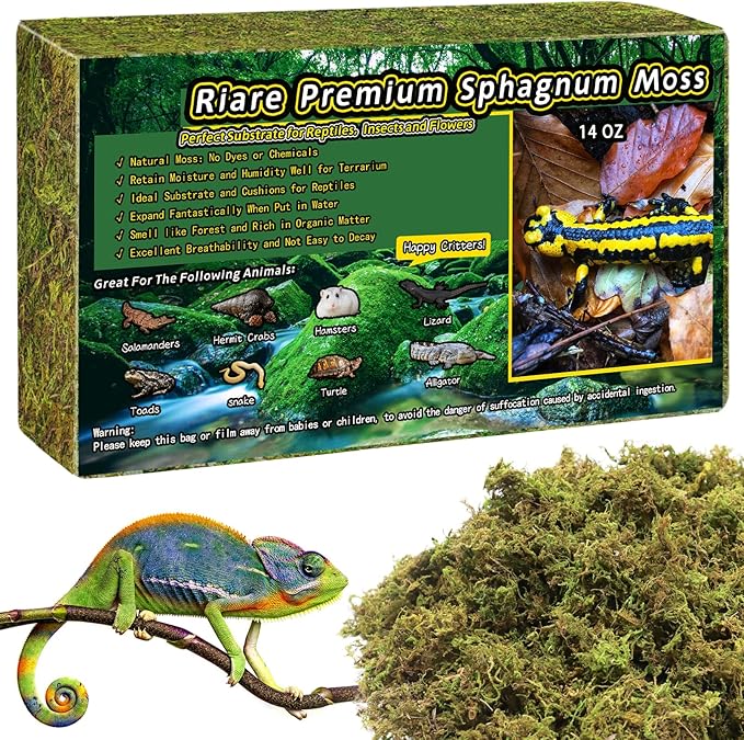 Riare 14 OZ Premium Sphagnum Moss for Reptiles- 20QT Natural Live Moss Reptile Moss Bedding for Terrarium, Hatching, Forest Sphagnum Moss Reptile Substrate for Snakes, Gecko, Turtles, Frogs, Leopard Riare