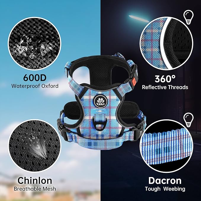 NESTROAD No Pull Dog Harness with Leash, Reflective No Choke Pet Vest Harness,Adjustable Soft Padded Dog Harness with Easy Control Handle for Medium Dogs(Checkered Blue,Medium) NESTROAD