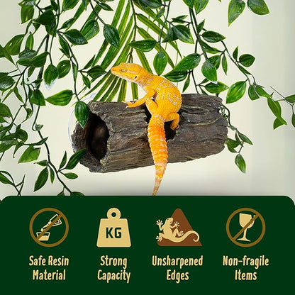Crested Gecko Hide - Essential Crested Gecko Accessories for Tank - Reptile Hide Cave with Suction Cups - Unbreakable Realistic Tree Trunk Design - Safe Resin for Geckos, Lizards, Snakes PAWPICO