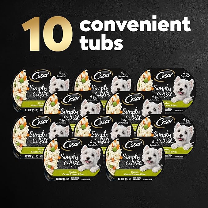 CESAR SIMPLY CRAFTED Adult Wet Dog Food Meal Topper, Chicken, Carrots, Potatoes & Peas, 1.3oz., Pack of 10 - PAWPICO