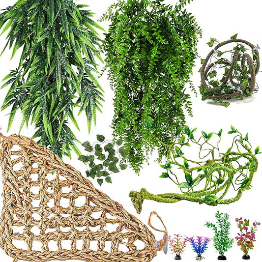 11 Pieces Bearded Dragon Tank Accessories, Reptile Hammock Plants and Vines Terrarium Branch Plants Habitat Decoration for Lizard Gecko Snake Hermit Crab Mechpia