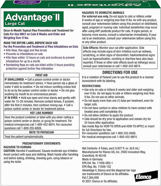 Advantage II Large Cat Vet-Recommended Flea Treatment & Prevention | Cats Over 9 lbs. | 4-Month Supply Advantage