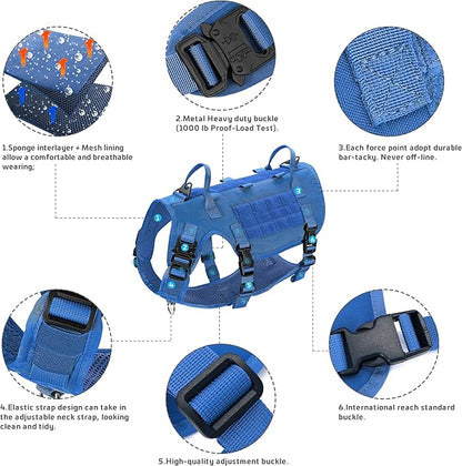 Forestpaw Tactical Dog Harness for Large Dogs,Tactical Dog Collar with Bungee Leash Set,No Pull Military Dog Harness for Dog Walking Training,Adjustable for Medium Large Dogs,Blue L Forestpaw