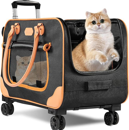 Large Cat Carrier with Wheels, Rolling Cat Carrier, 24.5"x 13.8"x 15.4" Pet Carrier with Wheels for Large Cats Small Dogs up to 38 LBS, Ideal for Travel, Walking and Camping(NOT for TSA) - PAWPICO