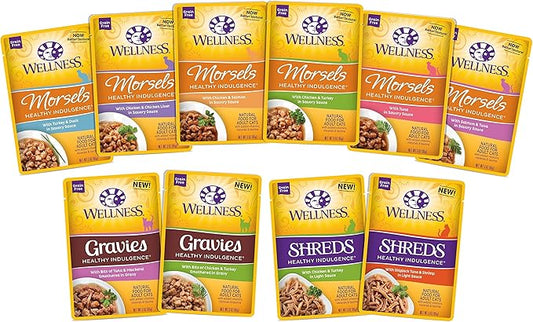 Wellness Healthy Indulgence Wet Cat Food Pouch Variety Pack, 10 Flavors, 3-Ounces Each (10 Pack) - PAWPICO