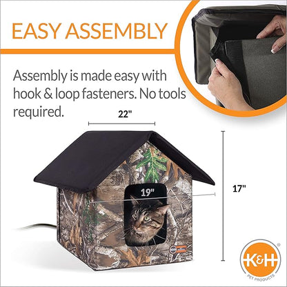 K&H Pet Products Outdoor Heated Kitty House, Outdoor Cat House for Outside Community Cats, Strays, and Ferals, Insulated Shelter, Warming Cold Weather House with Heated Pad for Winter - RealTree EDGE - PAWPICO