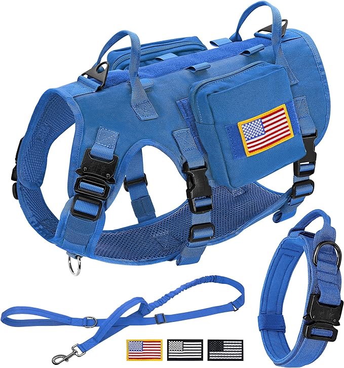 Forestpaw Tactical Dog Harness for Large Dogs,Tactical Dog Collar with Bungee Leash Set,No Pull Military Dog Harness for Dog Walking Training,Adjustable for Medium Large Dogs,Blue L Forestpaw