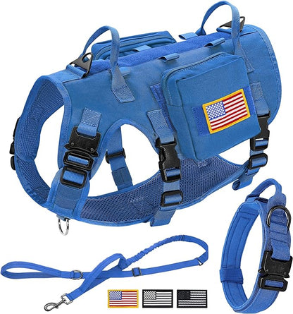 Forestpaw Tactical Dog Harness for Large Dogs,Tactical Dog Collar with Bungee Leash Set,No Pull Military Dog Harness for Dog Walking Training,Adjustable for Medium Large Dogs,Blue L Forestpaw