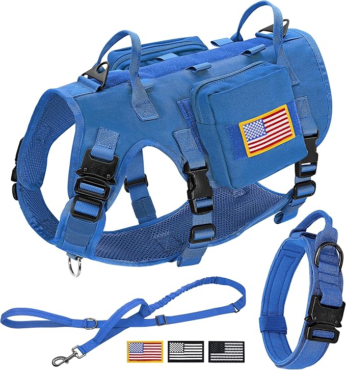 Forestpaw Tactical Dog Harness for Large Dogs,Tactical Dog Collar with Bungee Leash Set,No Pull Military Dog Harness for Dog Walking Training,Adjustable for Medium Large Dogs,Blue M Forestpaw
