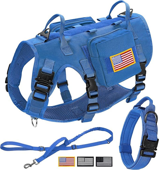 Forestpaw Tactical Dog Harness for Large Dogs,Tactical Dog Collar with Bungee Leash Set,No Pull Military Dog Harness for Dog Walking Training,Adjustable for Medium Large Dogs,Blue M Forestpaw