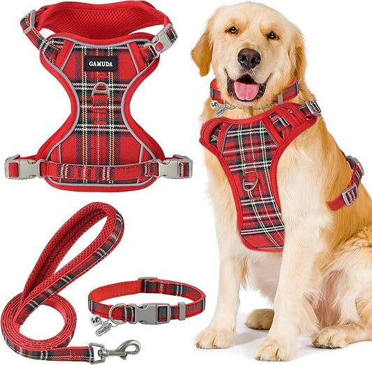 GAMUDA Dog Harness Collar and Leash Set, Dog Harness, No Chock No Pull Adjustable Vest Harnesses Plaid Reflective for Medium Dog, Cat, Small Horse, Small Bull and Pig (Red, XL) GAMUDACollarsCollection
