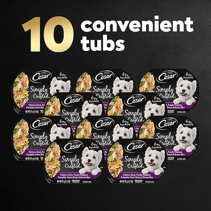 CESAR SIMPLY CRAFTED Adult Wet Dog Food Meal Topper, Chicken, Duck, Purple Potatoes, Pumpkin, Green Beans & Brown Rice, 1.3oz., Pack of 10 - PAWPICO