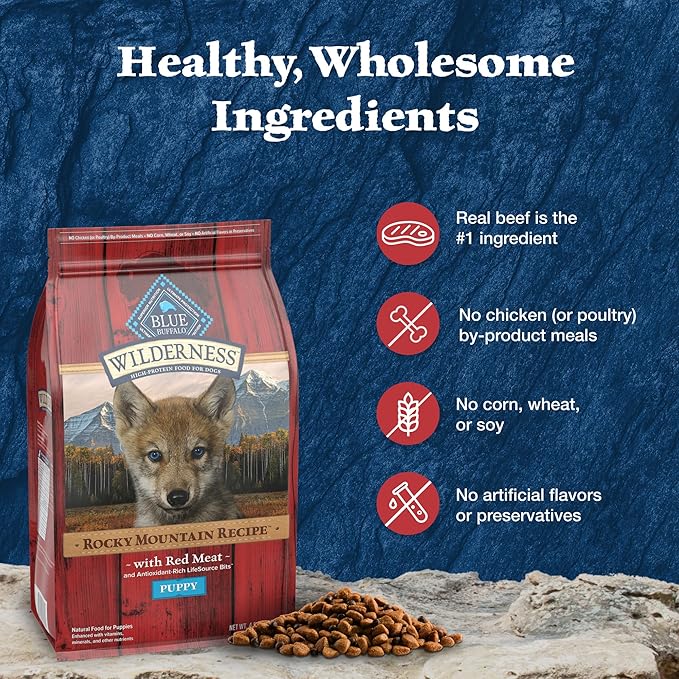 Blue Buffalo Wilderness High-Protein Rocky Mountain Recipe Dry Food for Puppies, Red Meat & Grains, 4.5-lb. Bag - PAWPICO