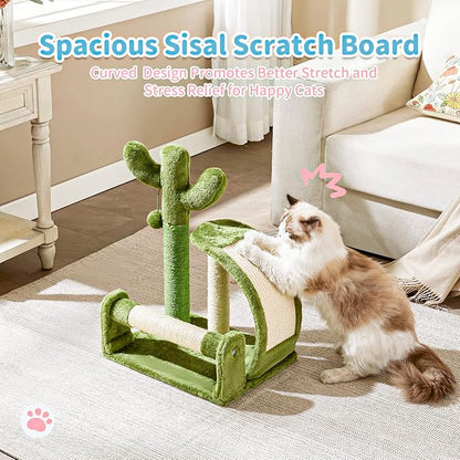 Made4Pets Cat Scratching Post, Cactus Scratcher Tree for Indoor Small Cats, Adult Kitten Scratch Pad with Natural Sisal Ropes, Cute Kitty Nail File Vertical Scratcher with Green Carpet Cover - PAWPICO