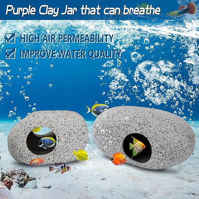 Aquarium Decorations Cave Fish Tank Accessories Rock Decor for Shrimp Cichlid Hiding Breeding Small Fish Bowl Hide Decoration Betta Toys Hideout Stones House（2pcs） Ameliade