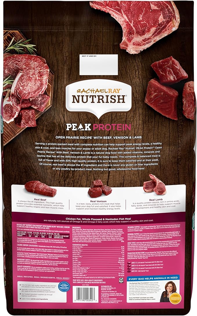 Rachael Ray Nutrish PEAK Natural Dry Dog Food, Open Prairie Recipe with Beef, Venison & Lamb, 23 Pounds, Grain Free (Packaging May Vary) - PAWPICO
