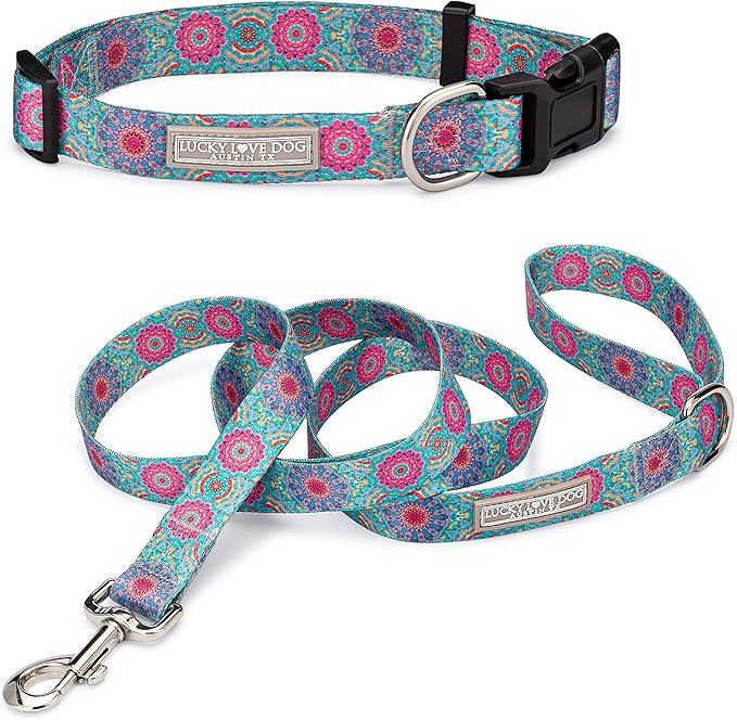 Lucky Love Dog, Boho Chic Matching Dog Collar and Leash Set, Vivid Pink and Turquoise Collar and Leash for Dogs, Soft, Adjustable, Safe for Training and Walking - (Medium, Clara Combo) LuckyLoveDog