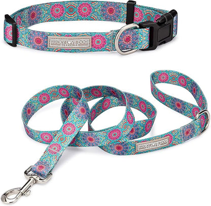 Lucky Love Dog, Boho Chic Matching Dog Collar and Leash Set, Vivid Pink and Turquoise Collar and Leash for Dogs, Soft, Adjustable, Safe for Training and Walking - (Small, Clara Combo) LuckyLoveDog