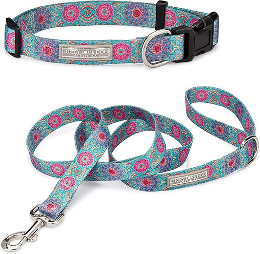 Lucky Love Dog, Boho Chic Matching Dog Collar and Leash Set, Vivid Pink and Turquoise Collar and Leash for Dogs, Soft, Adjustable, Safe for Training and Walking - (Small, Clara Combo) LuckyLoveDog