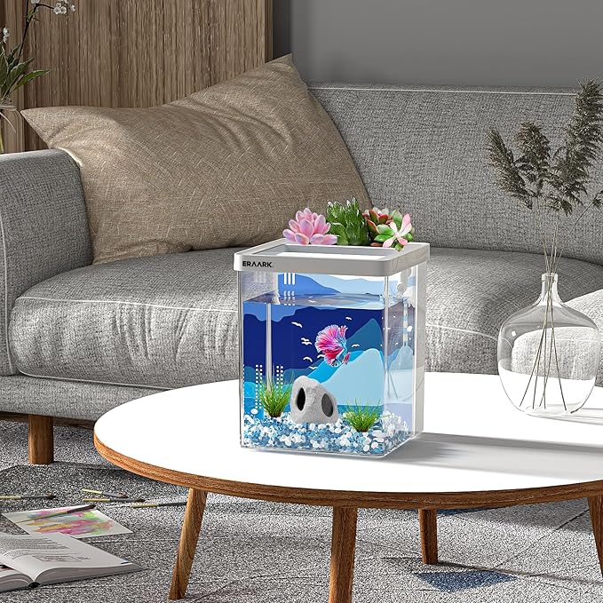 Aquarium kit 1.5 Gallon Betta Fish Tank self Cleaning, Fish Tank with Filter LED Light, Decorations Hideaway Rock Cave, Water Pump,Fish Bowl ERAARK