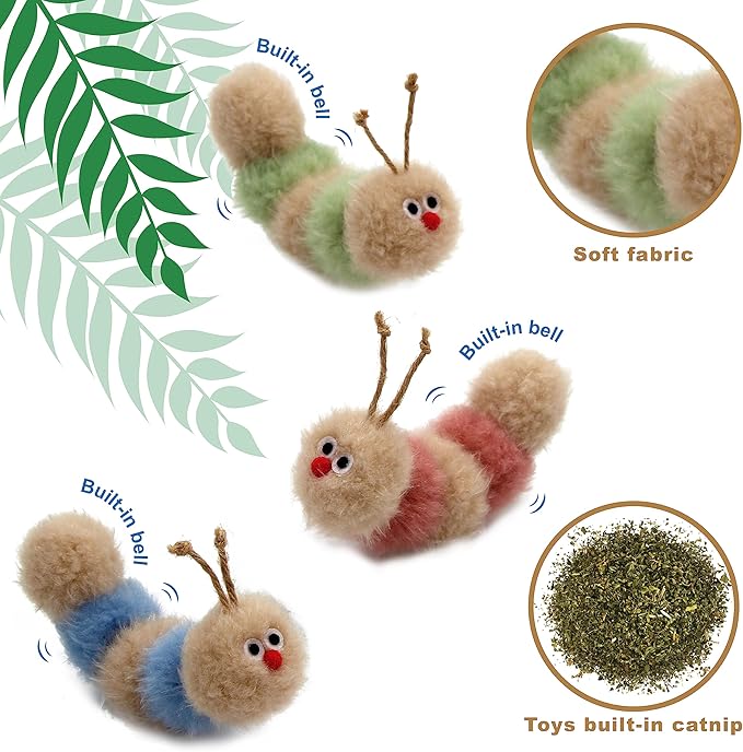Interactive Natural 3 PK Catnip Toy, with Rattle, Bite Resistant, for All Ages Indoor Cat, Soft Caterpillar Toys, Fluffy Kitten Toy - PAWPICO