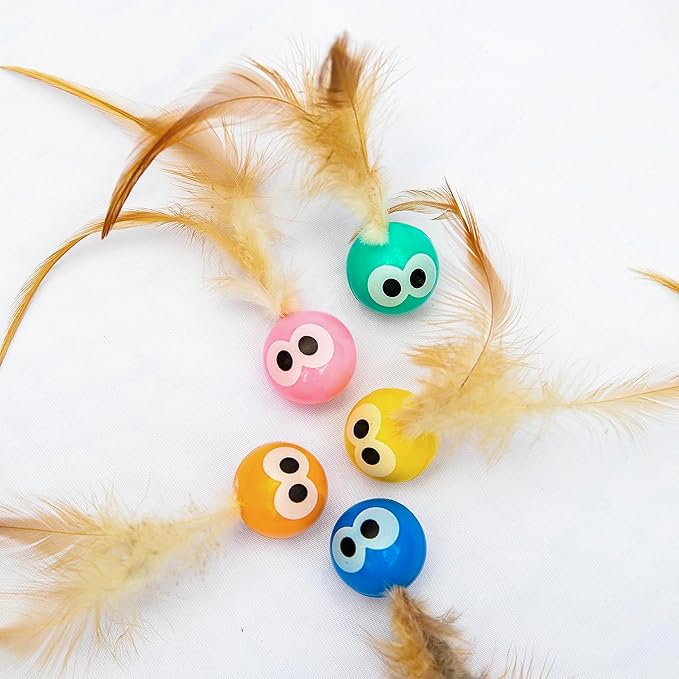 5 Pack Interactive Bouncy Ball with Natural Feathers for Indoor Cats and Kittens who Love to Play and Have Fun. - PAWPICO
