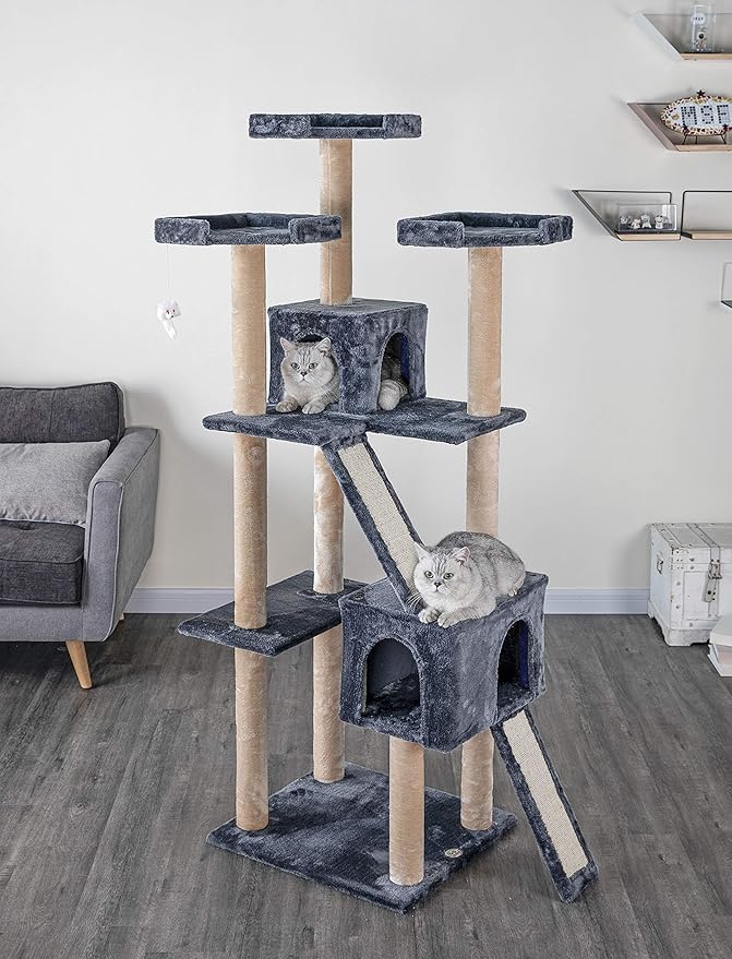 Go Pet Club Everyday Value 71in Cat Tree Kitty Tower Kitten with Dual Condos and Double Scratching Boards Indoor Cat Activity Center Furniture, Gray/Beige - PAWPICO