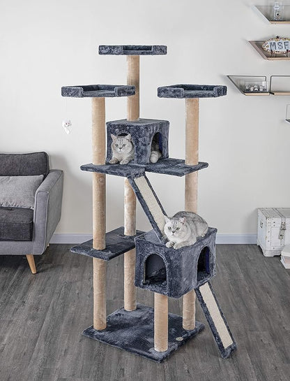 Go Pet Club Everyday Value 71in Cat Tree Kitty Tower Kitten with Dual Condos and Double Scratching Boards Indoor Cat Activity Center Furniture, Gray/Beige - PAWPICO