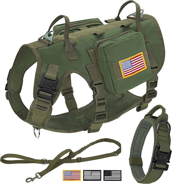 Forestpaw Tactical Dog Harness for Large Dogs,Tactical Dog Collar with Bungee Leash Set,No Pull Military Dog Harness for Dog Walking Training,Adjustable for Medium Large Dogs,Green L Forestpaw