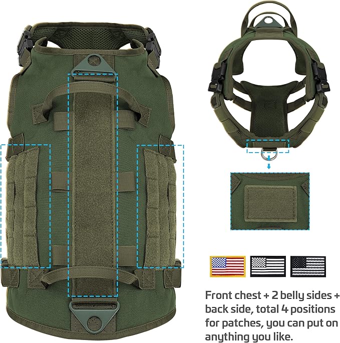 Forestpaw Tactical Dog Harness for Large Dogs,Tactical Dog Collar with Bungee Leash Set,No Pull Military Dog Harness for Dog Walking Training,Adjustable for Medium Large Dogs,Green M Forestpaw