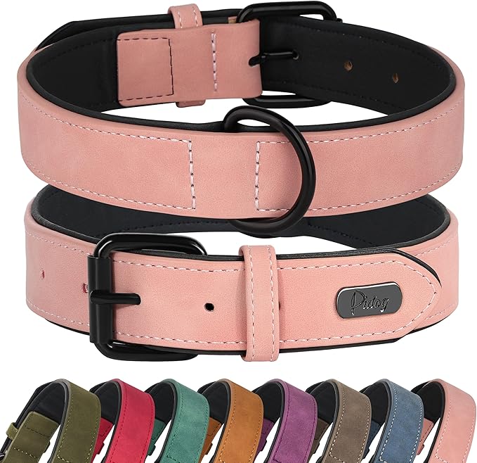 Didog Soft Padded Leather Dog Collar, Breathable Heavy Duty Dog Collar Leather with Adjustable Rust-Proof Metal Buckle for Small Medium Large Dogs, Pink, M Didog