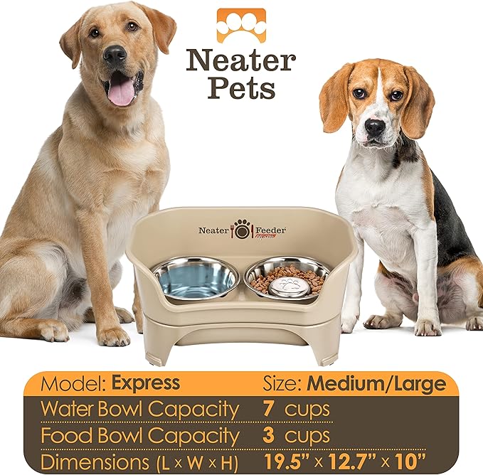 Neater Feeder - Express Model w/ Slow Feed Bowl - Mess-Proof Dog Bowls (M/L, Almond) Made in USA – Elevated, No Spill, Non-Tip, Non-Slip, Raised Stainless Steel Food/Water Pet Bowls Aid Digestion - PAWPICO