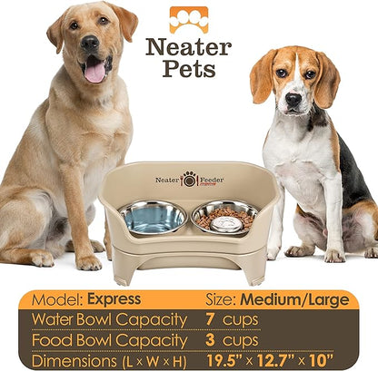 Neater Feeder - Express Model w/ Slow Feed Bowl - Mess-Proof Dog Bowls (M/L, Almond) Made in USA – Elevated, No Spill, Non-Tip, Non-Slip, Raised Stainless Steel Food/Water Pet Bowls Aid Digestion - PAWPICO