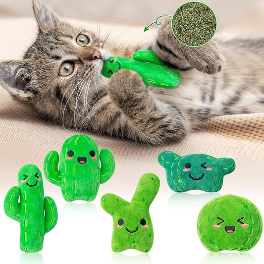 MALLMALL6 Catnip Toys for Cat - 5Pcs Cactus Prickly Plants Catmint Interactive Cat Toy for Indoor Cats, Soft Plush Green Cat Supplies, Kitten Teething Chew Toy Set, Cute Pet Gifts for Cat Lover - PAWPICO