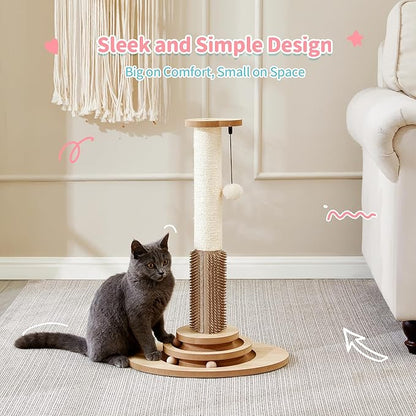Made4Pets Cat Scratching Post, 23" Tall Sisal Cat Scratcher Post with Cat Self Groomer, 4-in-1 Interactive Trackball Toys with Cat Hair Brush, Vertical Cat Climbing Tree with Dangling Plush Balls - PAWPICO