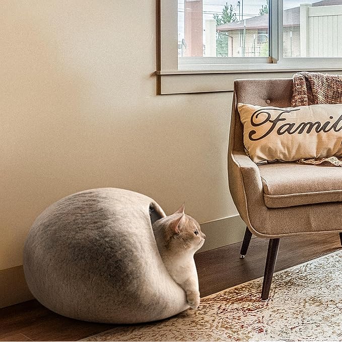 Cat Cave Bed -Handmade Wool Cat Bed Cave, Cat Bed Cat House, Felt Cat Caves for Indoor Cats and Kittens - PAWPICO