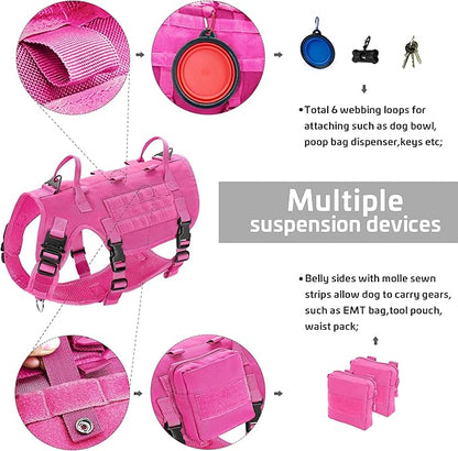 Forestpaw Pink Tactical Dog Harness for Large Dogs,Tactical Dog Collar with Bungee Leash Set,No Pull Military Dog Harness for Dog Walking Training,Adjustable for Medium Large Dogs,L Forestpaw