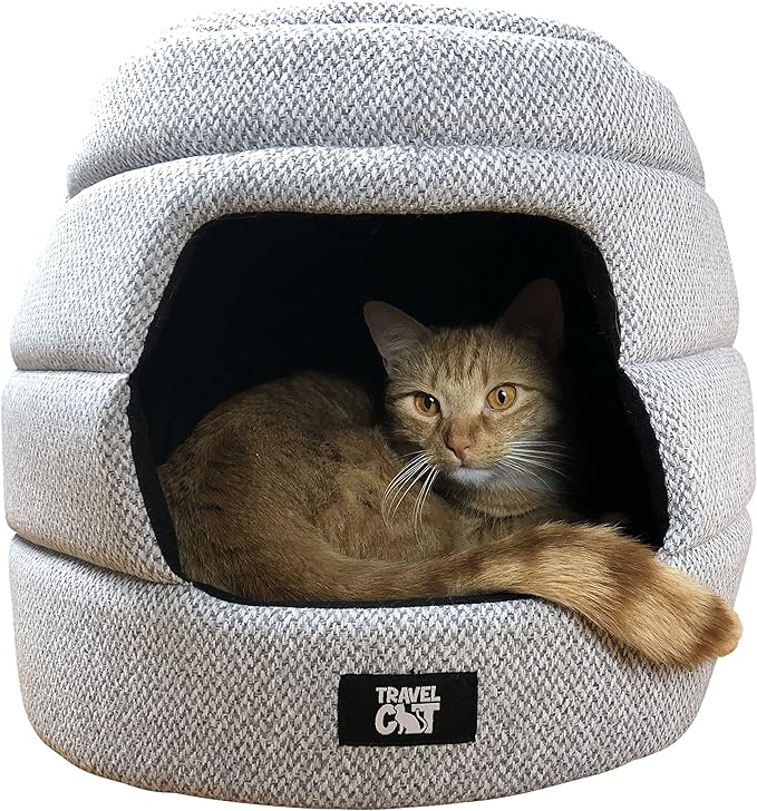 Travel Cat Meowbile Indoor Cat House - 25x18x17 inches Premium Convertible and Durable Hideaway Cat Bed and Cave - Soft Gray Collapsible and Easy to Clean, Padded, Comfortable and Cozy Cat Bed Cave - PAWPICO