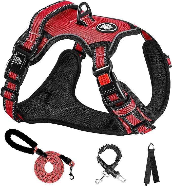 NESTROAD No Pull Dog Harness,Adjustable Oxford Dog Vest Harness with Leash,Reflective No-Choke Pet Harness with Easy Control Soft Handle for Large Dogs(Large,Red) NESTROAD