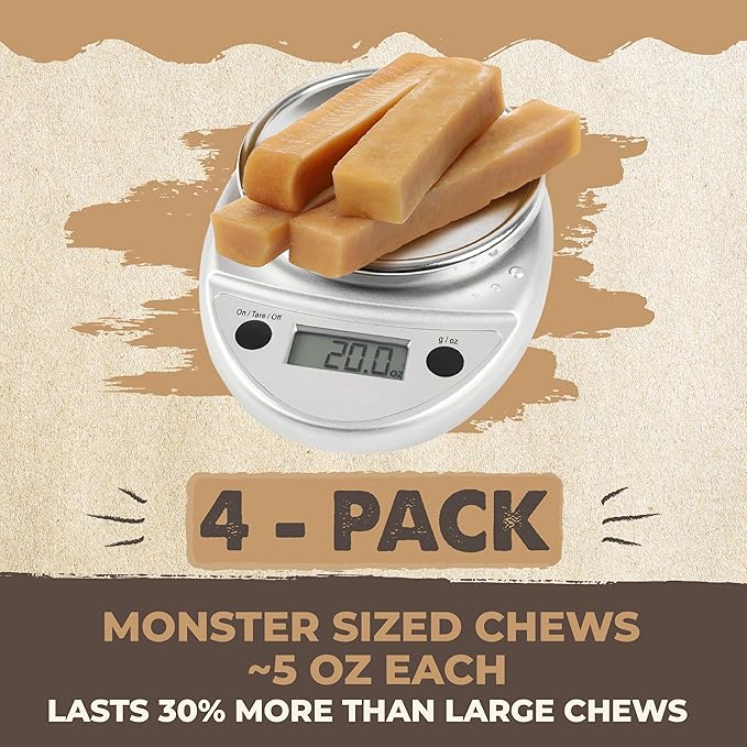 Mighty Paw Yak Cheese Dog Chews, 5oz, Natural Yak Chews for Dogs, Long-Lasting Yak Chew Treats, Odorless, Supports Oral Health, Monster Size, 4 Pack - PAWPICO