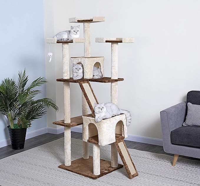 Go Pet Club Everyday Value 71in Cat Tree Kitty Tower Kitten with Dual Condos and Double Scratching Boards Indoor Cat Activity Center Furniture, Beige/Brown - PAWPICO