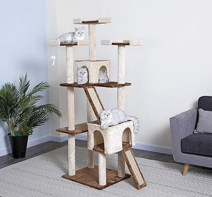 Go Pet Club Everyday Value 71in Cat Tree Kitty Tower Kitten with Dual Condos and Double Scratching Boards Indoor Cat Activity Center Furniture, Beige/Brown - PAWPICO