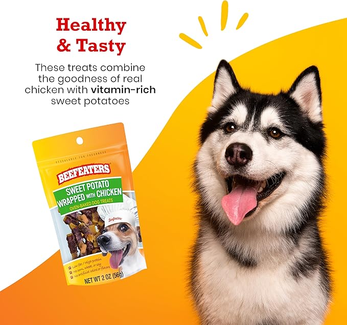Beefeaters Dog Treats - Sweet Potato Wrapped with Chicken 2oz, Case of 12 | Dog Food No Corn/Wheat/Soy/Gluten | Low Fat, Grain-Free, Training & Rewards | Dog Training Treats for All Dog Sizes - PAWPICO