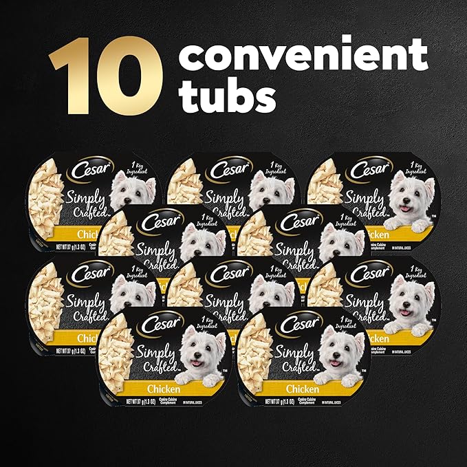 CESAR SIMPLY CRAFTED Adult Wet Dog Food Meal Topper, Chicken, (10) 1.3 oz. Tubs - PAWPICO
